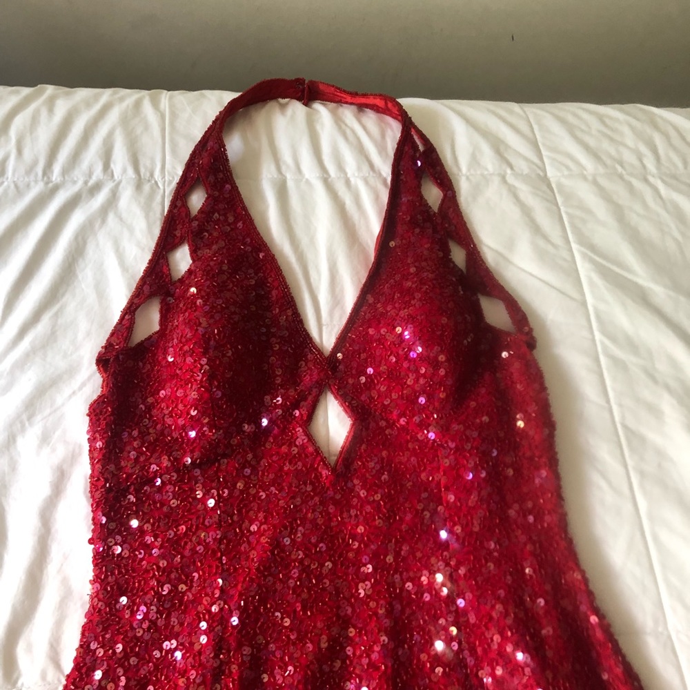 Scala full length sequined halter evening gown.
